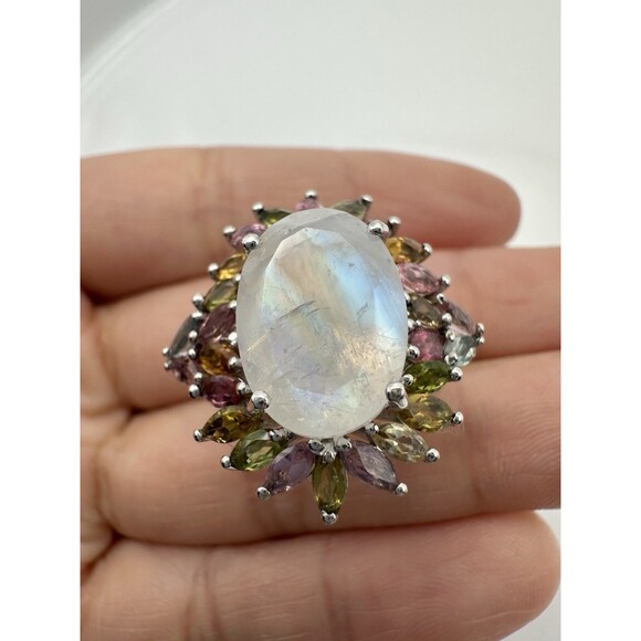 Stampd Jewelry - Stunning 925 sterling silver genuine rainbow moonstone tourmaline ring size 7